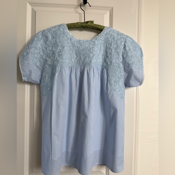 J. Marie embroidered stripe peasant top crochet trim sleeves - Picture 7 of 11